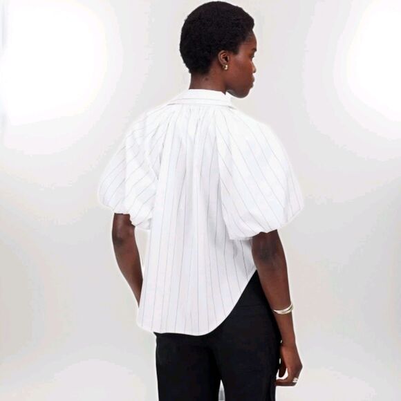Madewell Shirred Bubble-Sleeve Button Up Shirt Women XXS Stripped White Cotton - Picture 4 of 11